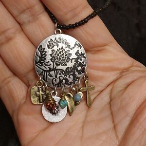 Boho Tribal Etched Medallion Pendant  Dangling Charms Bead Necklace Cross Heart